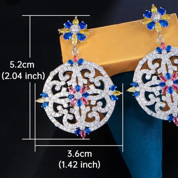 Colorful CZ Long Flower Round, Wedding, Pageant, Dangle Luxury Earrings - Picture 3 of 5